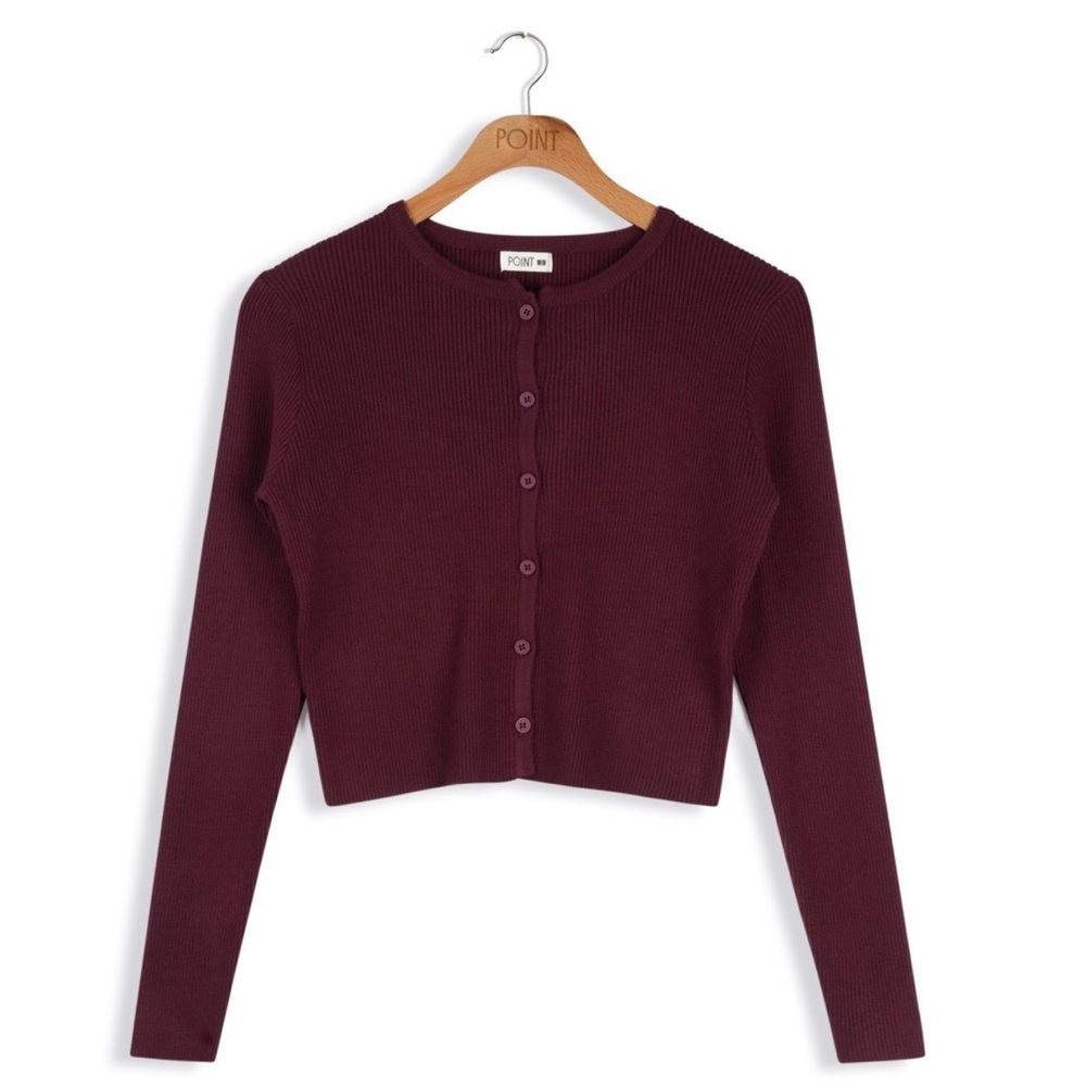 Point Ribbed Classic Cardi Merlot